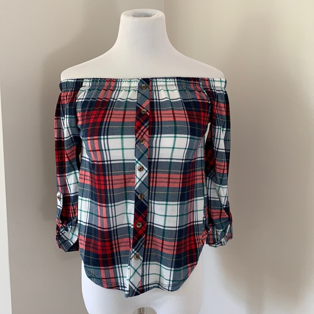 Plaid off the shoulder shirt